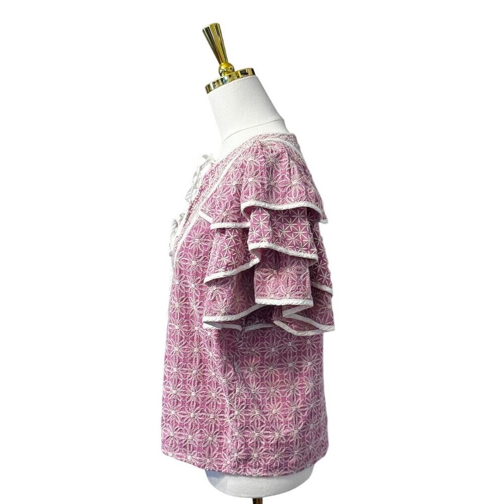 Marie Oliver Dusty Rose Embroidered Cotton Blouse Ruffle Sleeve Boho Medium - Picture 3 of 7